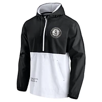 Men's Fanatics Black/White Brooklyn Nets Anorak Block Party Windbreaker Half-Zip Hoodie Jacket