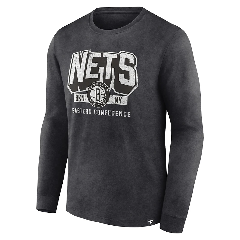 Men's Fanatics Heather Charcoal Brooklyn Nets Front Court Press Snow Wash Long Sleeve T-Shirt