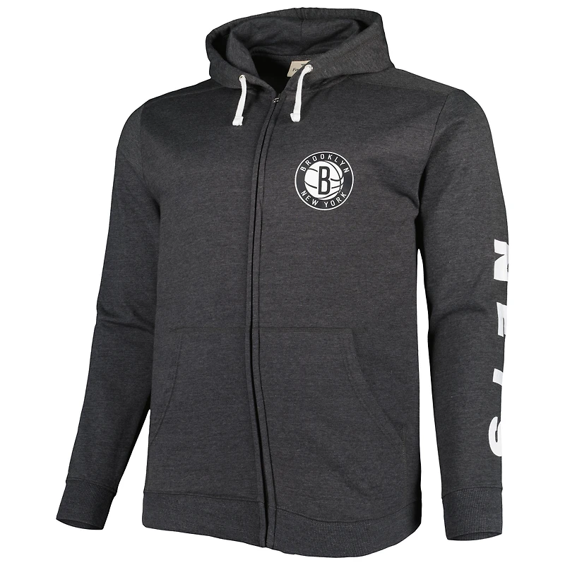 Sweat à capuche entièrement zippé pour hommes Fanatics Heathered Black Brooklyn Nets Big & Tall Down and Distance