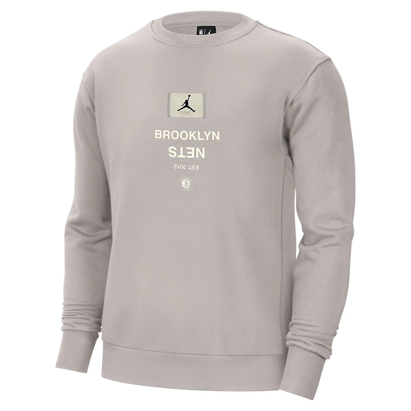 Men's Jordan Brand Stone Brooklyn Nets Courtside Statement Edition Heavyweight Pullover Sweatshirt