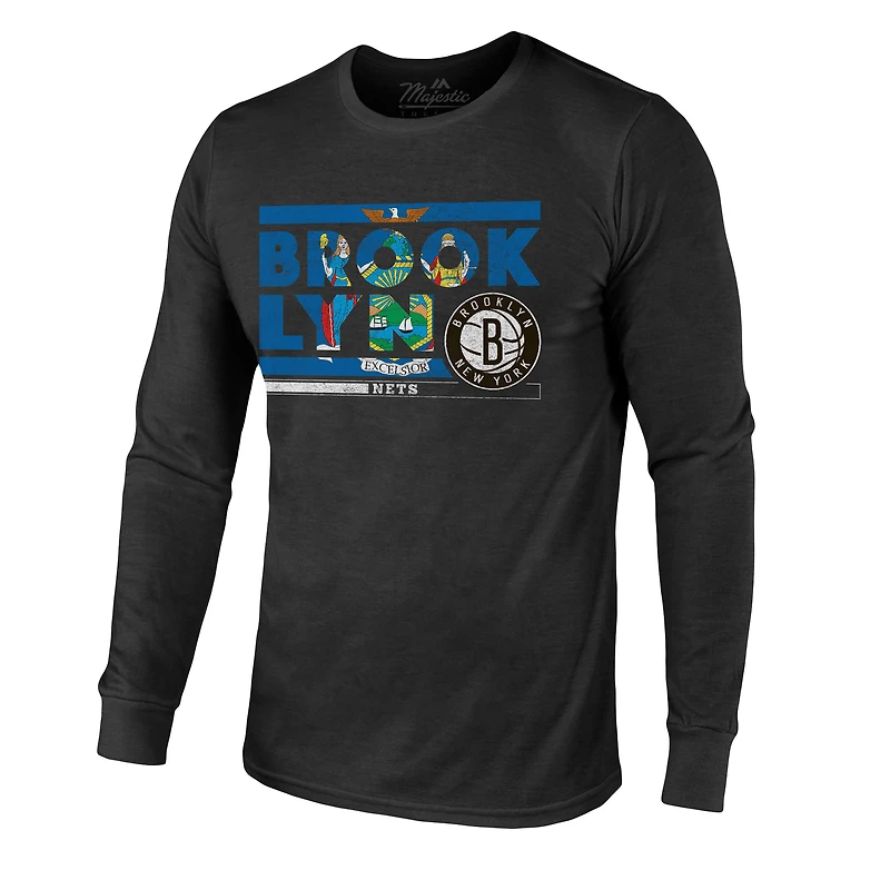 Majestic Threads - T-shirt à manches longues en trois mélanges noir Brooklyn Nets City and State pour homme