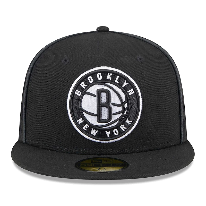 Men's New Era Black Brooklyn Nets Piped & Flocked 59Fifty Fitted Hat