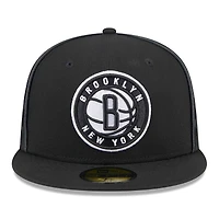 Men's New Era Black Brooklyn Nets Piped & Flocked 59Fifty Fitted Hat
