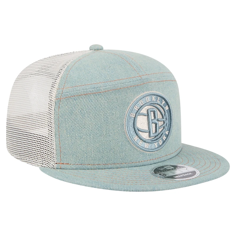 Men's New Era Brooklyn Nets Adventure Denim Split Panel 9FIFTY Snapback Trucker Hat