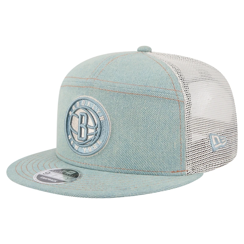 Men's New Era Brooklyn Nets Adventure Denim Split Panel 9FIFTY Snapback Trucker Hat