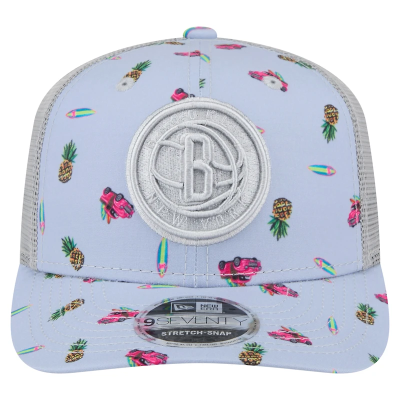 Casquette extensible à boutons-pression New Era bleu clair/gris pour homme, motif Adventure Aloha 9SEVENTY des Brooklyn Nets