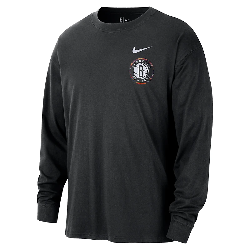 T-shirt à manches longues Nike Brooklyn Nets City Edition Remix Essential Logo noir pour homme