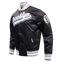 Men's Pro Standard Black Brooklyn Nets Script Tail Full-Snap Satin Varsity Jacket