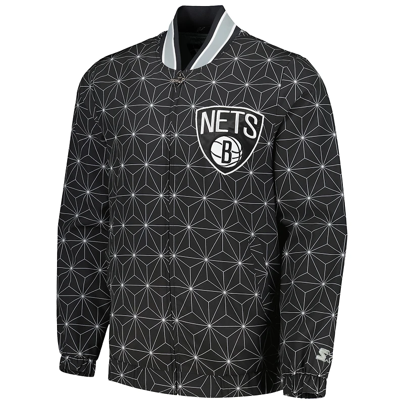 Men's Starter Black Brooklyn Nets In-Field Play Fashion Satin Full-Zip Varsity Jacket