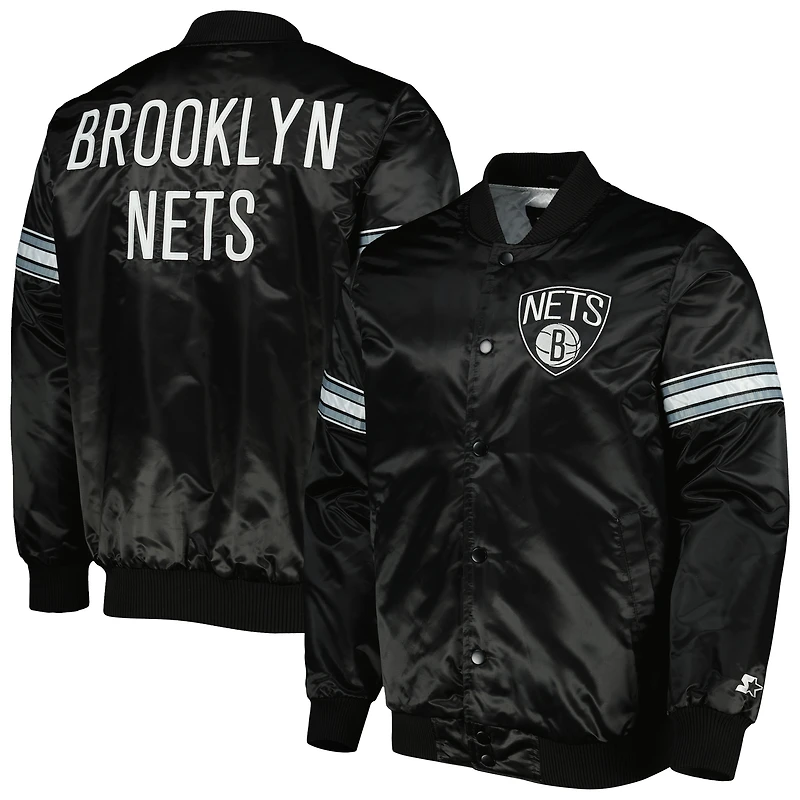 Men's Starter Black Brooklyn Nets Pick & Roll Satin Full-Snap Varsity Jacket