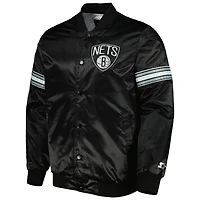 Men's Starter Black Brooklyn Nets Pick & Roll Satin Full-Snap Varsity Jacket
