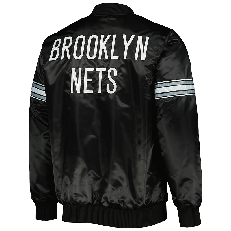 Men's Starter Black Brooklyn Nets Pick & Roll Satin Full-Snap Varsity Jacket