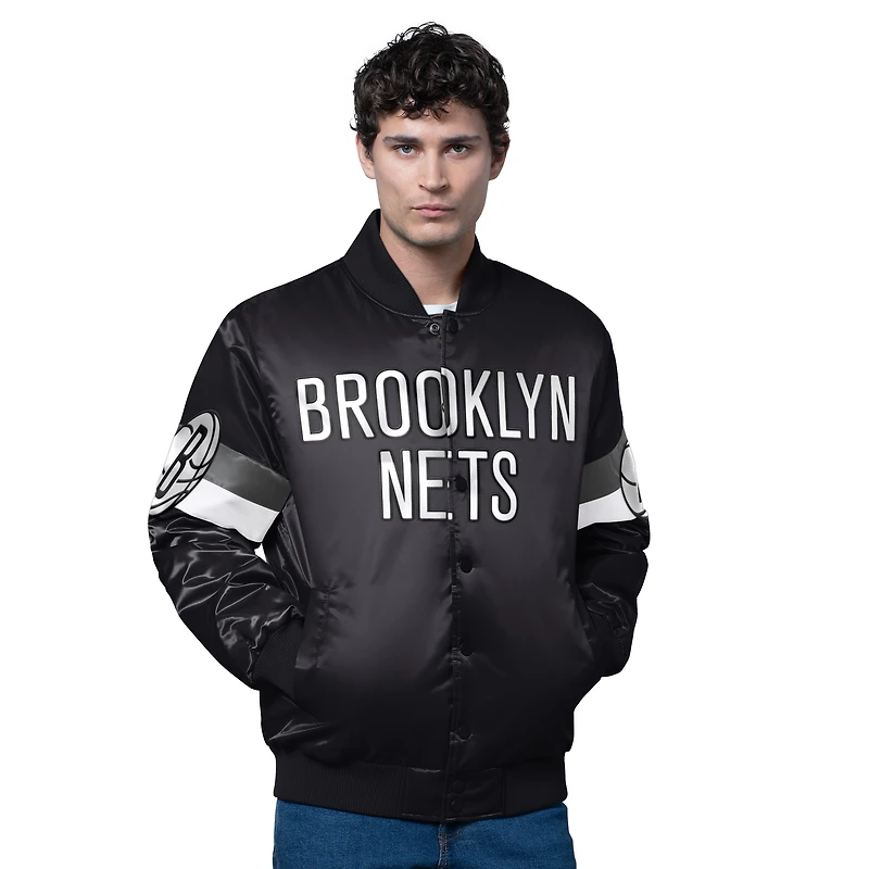 Men's Starter Black Brooklyn Nets Triple Option Varsity Full-Snap Satin Jacket