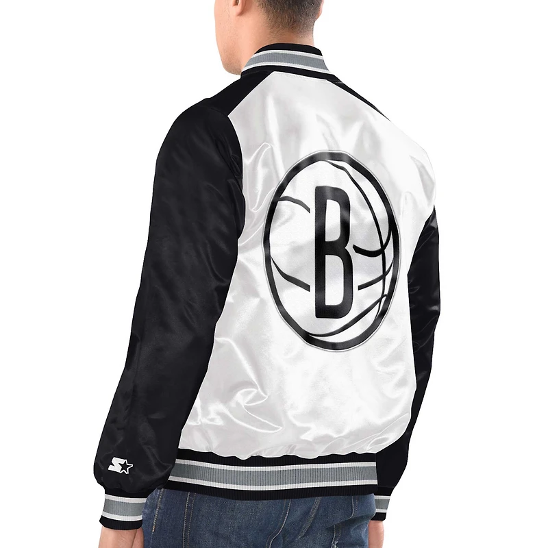 Veste universitaire à bouton-pression en satin Renegade Brooklyn Nets Starter blanc/noir pour hommes