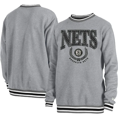 Sweat à capuche unisexe New Era gris chiné Brooklyn Nets Vintage Throwback Crew