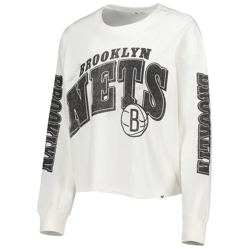 T-shirt court à manches longues pour femme '47 Cream Brooklyn Nets Parkway Brush Back