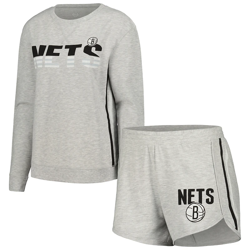 Ensemble de nuit Concepts Sport pour femmes, t-shirt et short à manches longues en cèdre gris Brooklyn Nets
