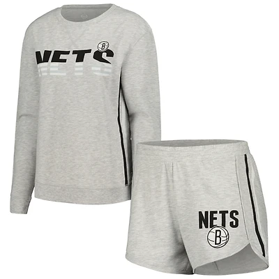 Ensemble de nuit Concepts Sport pour femmes, t-shirt et short à manches longues en cèdre gris Brooklyn Nets