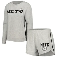 Ensemble de nuit Concepts Sport pour femmes, t-shirt et short à manches longues en cèdre gris Brooklyn Nets