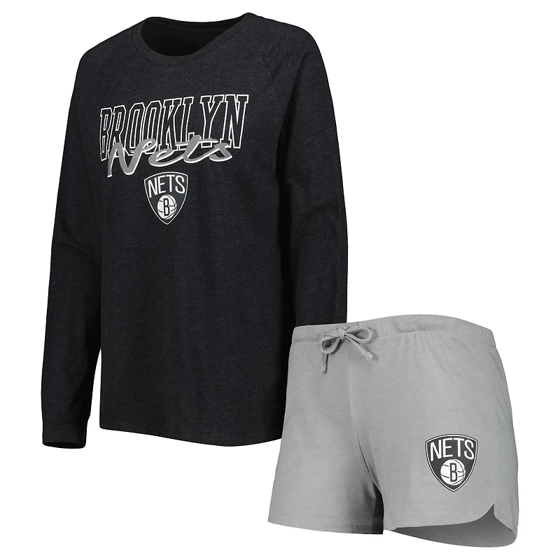 Ensemble de nuit pour femme Concepts Sport Heather Black/Heather Grey Brooklyn Nets Team Raglan à manches longues et short