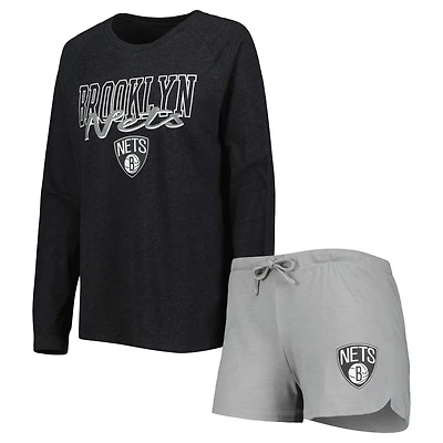Ensemble de nuit pour femme Concepts Sport Heather Black/Heather Grey Brooklyn Nets Team Raglan à manches longues et short