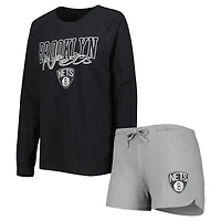 Ensemble de nuit pour femme Concepts Sport Heather Black/Heather Grey Brooklyn Nets Team Raglan à manches longues et short