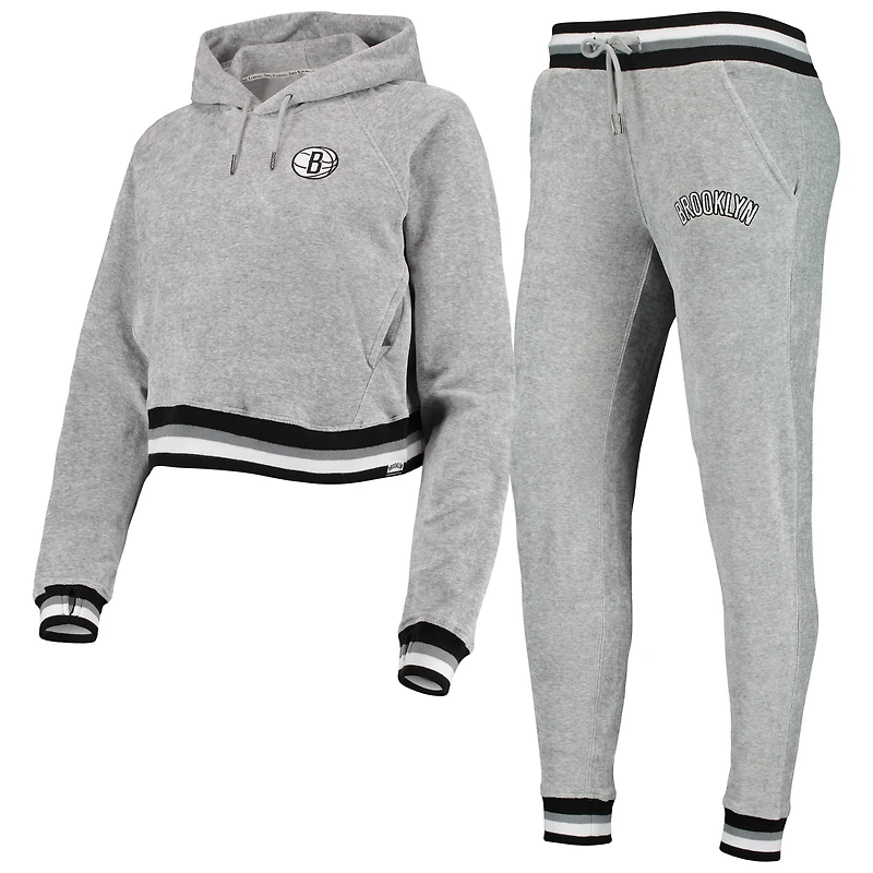 Ensemble pour femme Lusso Grey Brooklyn Nets Maisie-Maggie Velour Raglan Sweat à capuche et pantalon de jogging
