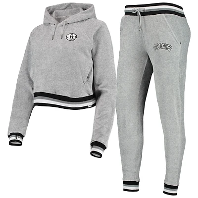 Ensemble pour femme Lusso Grey Brooklyn Nets Maisie-Maggie Velour Raglan Sweat à capuche et pantalon de jogging