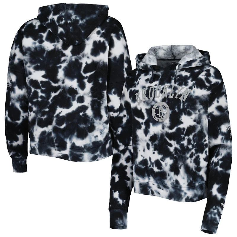Pull à capuche et imprimé tie-dye Brooklyn Nets New Era pour femme en coton brossé noir