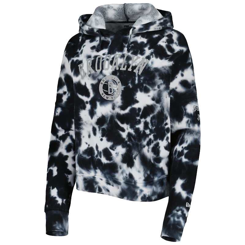 Pull à capuche et imprimé tie-dye Brooklyn Nets New Era pour femme en coton brossé noir