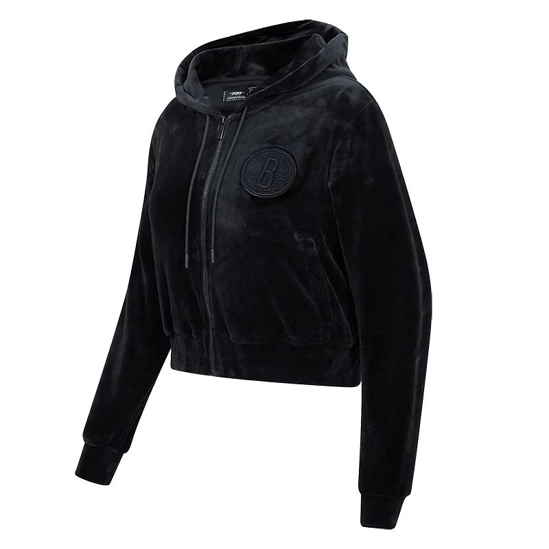 Sweat à capuche entièrement zippé en velours noir triple Pro Standard Brooklyn Nets pour femmes