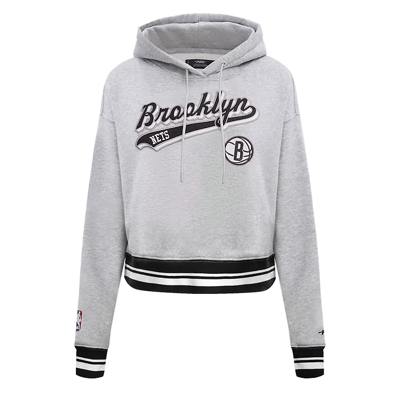 Sweat à capuche court Pro Standard pour femmes, gris chiné, Brooklyn Nets, Script Tail