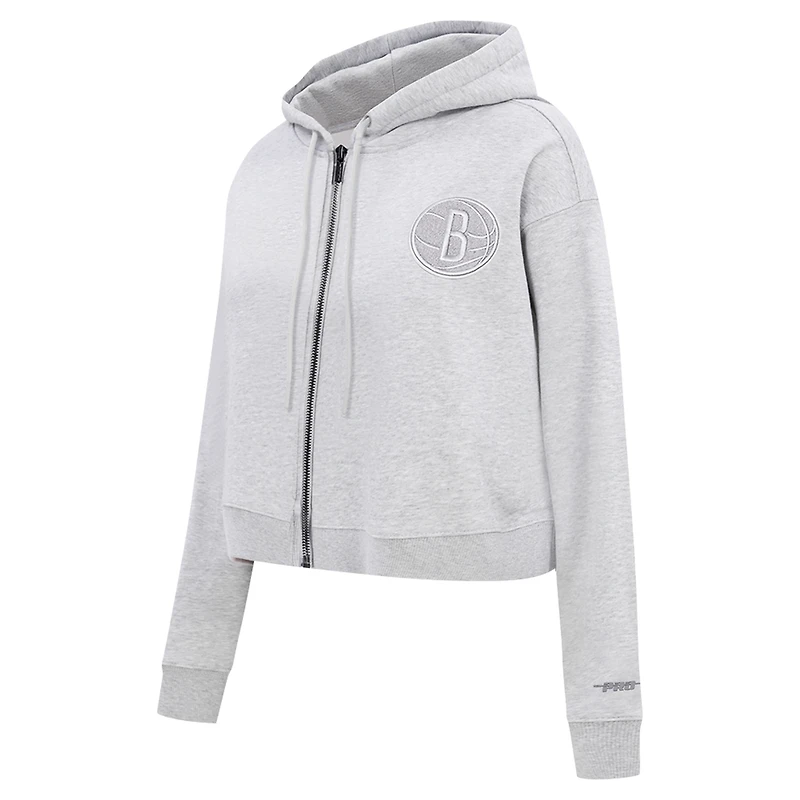 Sweat à capuche fermeture éclair triple ton sur Pro Standard pour femmes, gris chiné, Brooklyn Nets