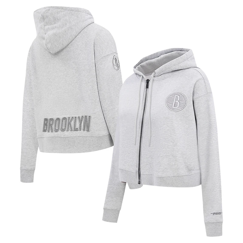 Sweat à capuche fermeture éclair triple ton sur Pro Standard pour femmes, gris chiné, Brooklyn Nets