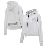 Sweat à capuche fermeture éclair triple ton sur Pro Standard pour femmes, gris chiné, Brooklyn Nets