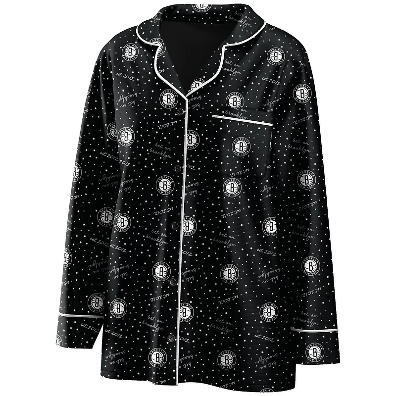 Women's WEAR by Erin Andrews Black Brooklyn Nets - Long Sleeve Button-Up Shirt & Pants Sleep Set