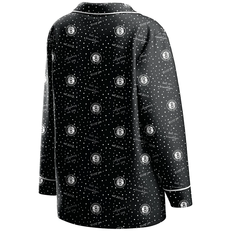 Women's WEAR by Erin Andrews Black Brooklyn Nets - Long Sleeve Button-Up Shirt & Pants Sleep Set