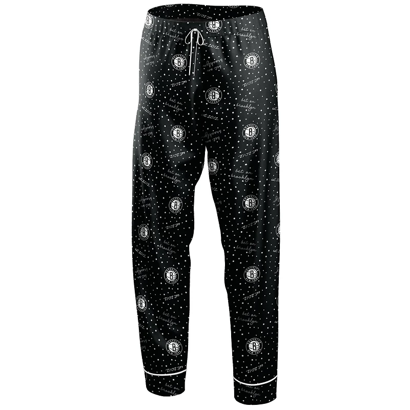 Women's WEAR by Erin Andrews Black Brooklyn Nets - Ensemble de nuit chemise et pantalon boutonnés à manches longues