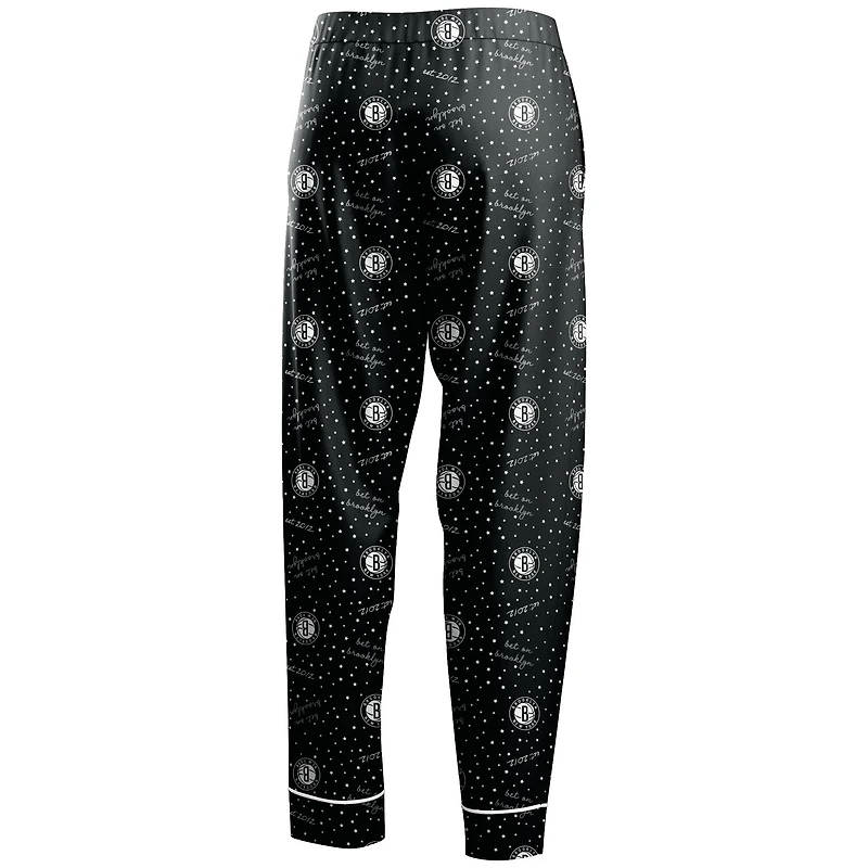 Women's WEAR by Erin Andrews Black Brooklyn Nets - Long Sleeve Button-Up Shirt & Pants Sleep Set