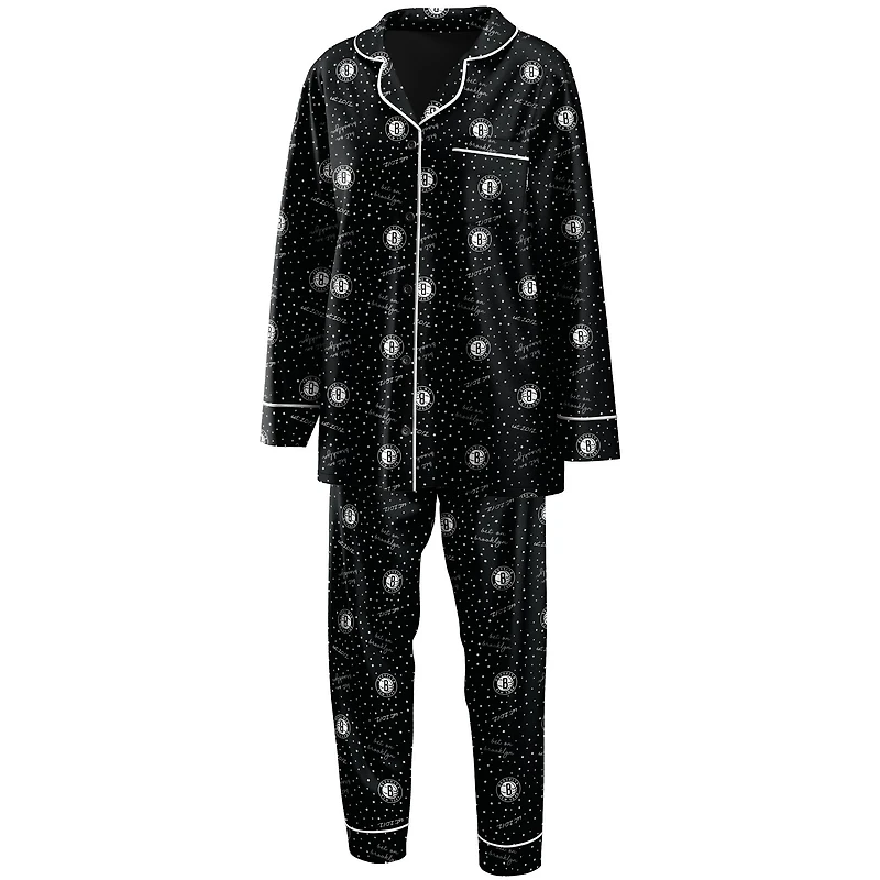 Women's WEAR by Erin Andrews Black Brooklyn Nets - Long Sleeve Button-Up Shirt & Pants Sleep Set