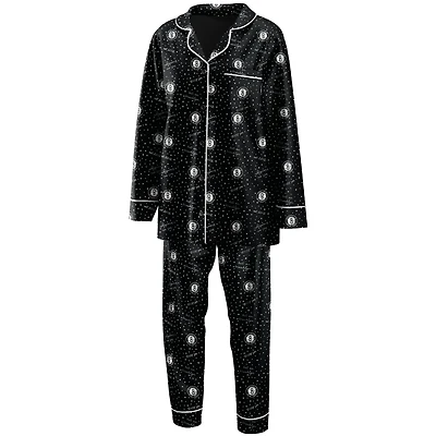 Women's WEAR by Erin Andrews Black Brooklyn Nets - Long Sleeve Button-Up Shirt & Pants Sleep Set