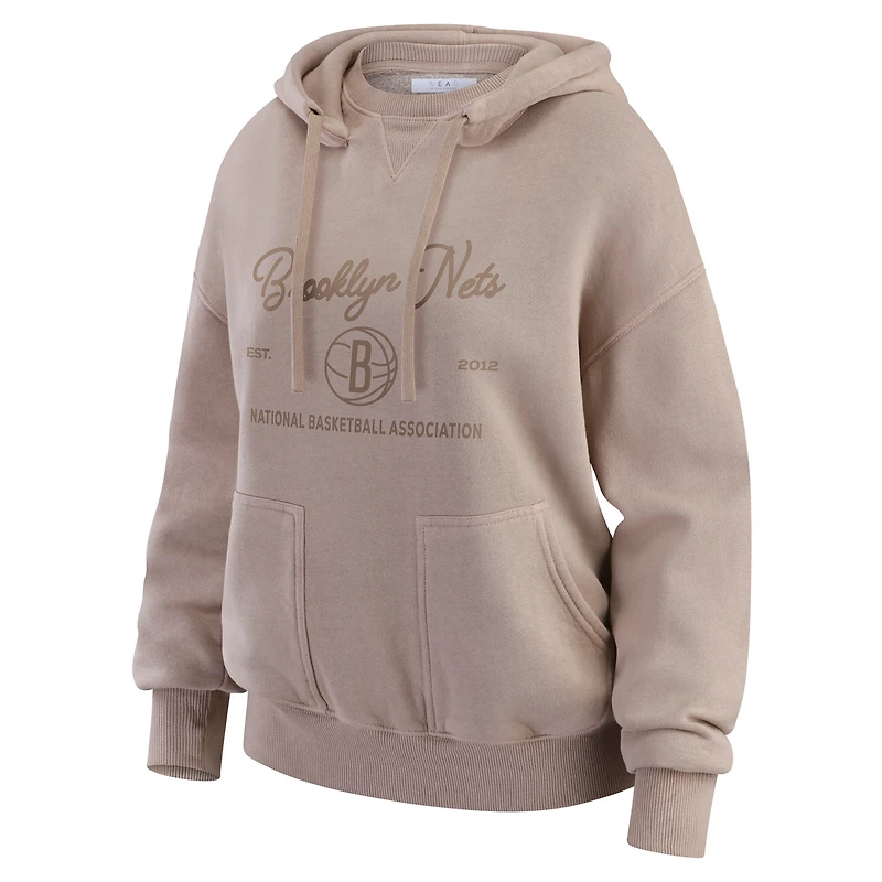 Women's WEAR by Erin Andrews Tan Brooklyn Nets Washed Pullover Crewdie