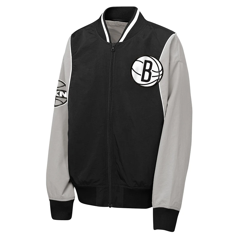 Coupe-vent zippé Youth Outerstuff noir/gris Brooklyn Nets Two-Pointer