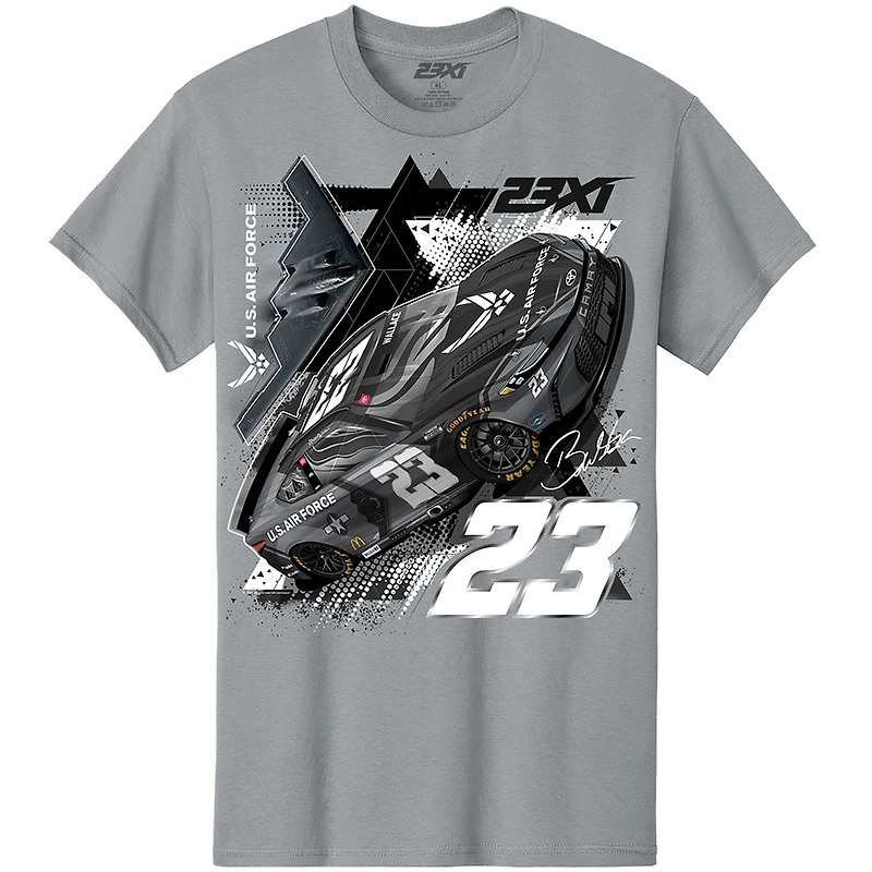 T-shirt gris 23XI Racing pour homme, motif Bubba Wallace, voiture de l'US Air Force
