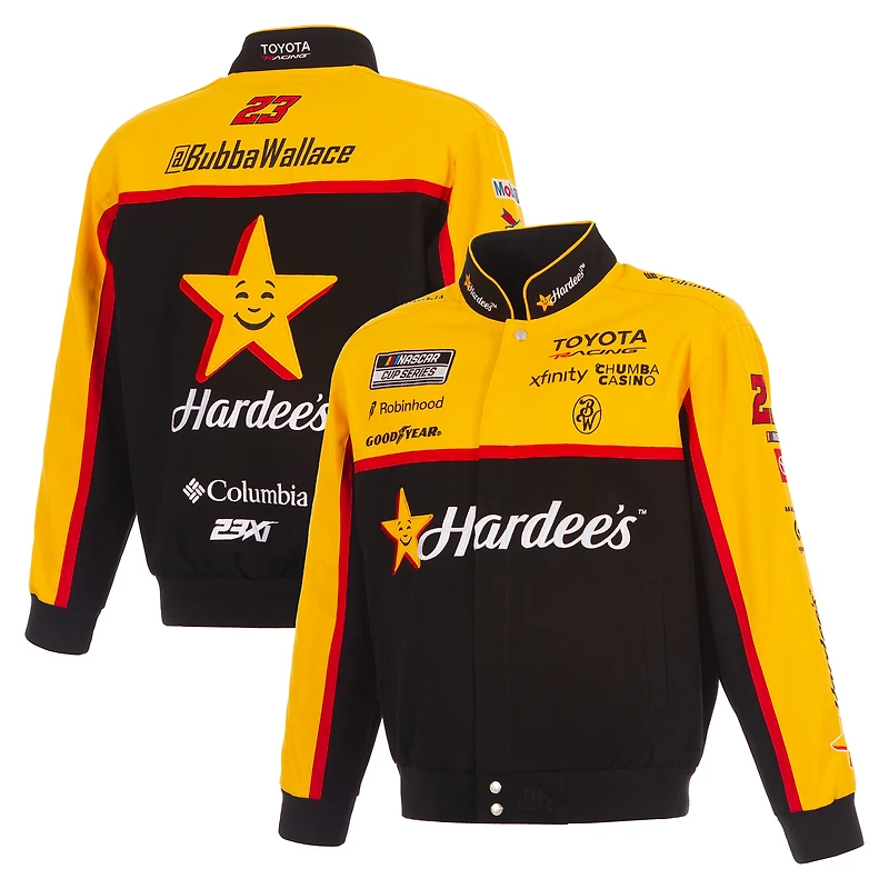Veste de course en sergé noir Bubba Wallace 2026 Hardee's pour homme, modèle JH Design, fermeture à boutons-pression.
