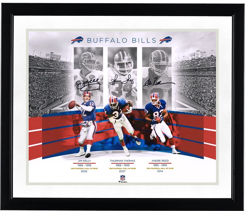 Collage photographique autographié de 16" x 20" avec Andre Reed, Jim Kelly et Thurman Thomas, joueurs des Buffalo Bills.