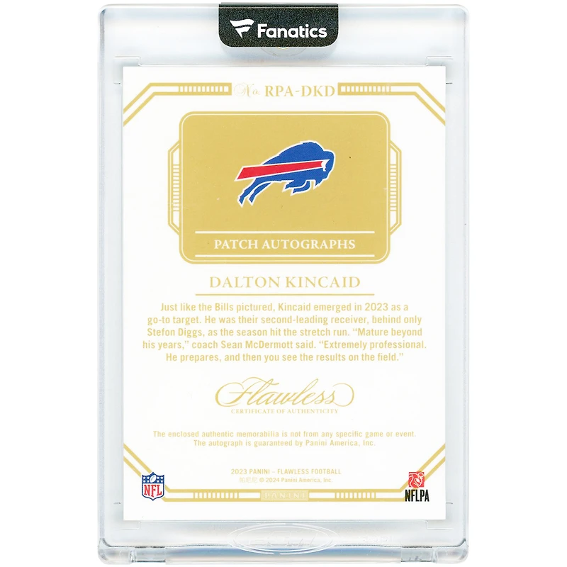 Dalton Kincaid Buffalo Bills Autographed 2023 Panini Flawless Emerald Rookie Patch Bills Logo Quad-Color Relic #RPA-DKD #1/5 Rookie Card