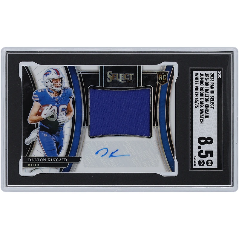 Dalton Kincaid Buffalo Bills Autographed 2023 Panini Select White Prizm Jumbo Rookie Signature Swatch Relic #JRS-DKI #65/75 SGC Authenticated 8.5 Rookie Card