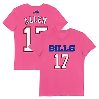 T-shirt rose pour jeunes filles Josh Allen avec nom et numéro de joueur des Buffalo Bills