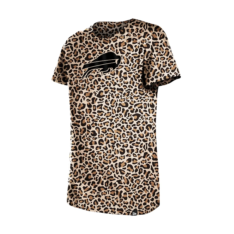 T-shirt New Era beige Buffalo Bills pour filles et jeunes, motif léopard, modèle « Maman moi ».